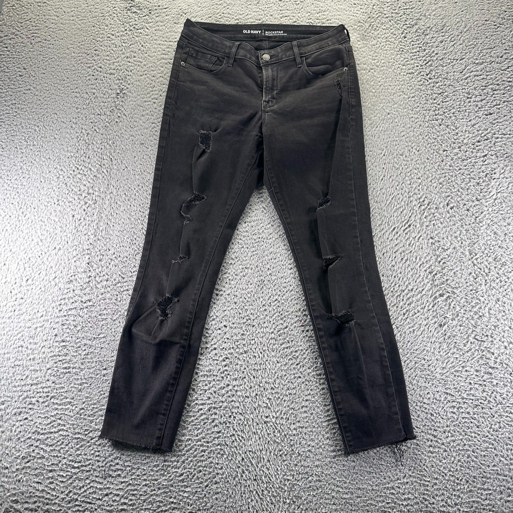 Old Navy Rockstar Jeans Womens 8 Black Cotton Denim Skinny Stretchโ Distressed